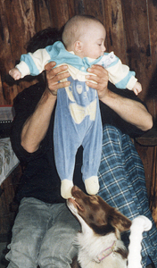 Le chien mordille les pieds de l'enfant